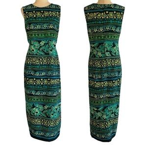 VINTAGE R&K ORIGINALS Tropical Print Slit Hem Maxi Dress Green Black Size 12